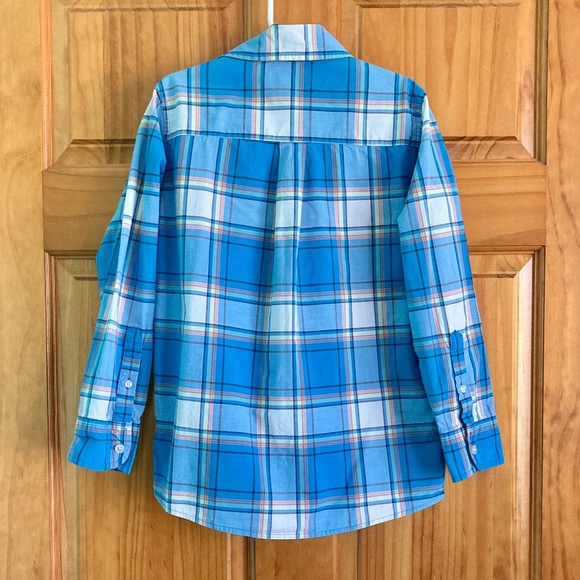 Boys size 8 Lands’ End blue plaid short sleeved button down shirt - Picture 2 of 6